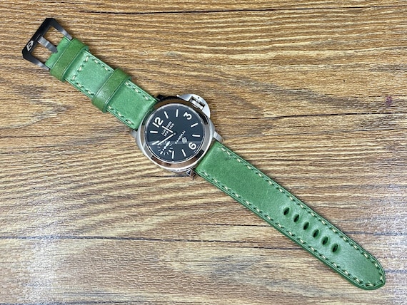 Green Leather Watch Straps 24mm, Dual Color Stitching, Mens Wrist Watch Band 26mm, Handmade Valentines Day Gift, Retro Watch Straps