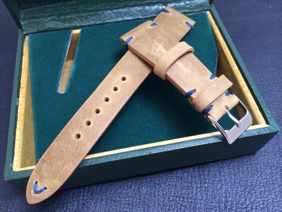 Handmade real leather watch band, Vintage look  Khaki Strap (Blue Stitching), Beige - 18mm/19mm/20mm lug width