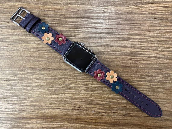 Chèvre Mysore Bleu Leather Apple Watch Band with Flower Decoration, iWatch Band 40mm Series 6, Apple Watch Band, Anniversary Gift Ideas