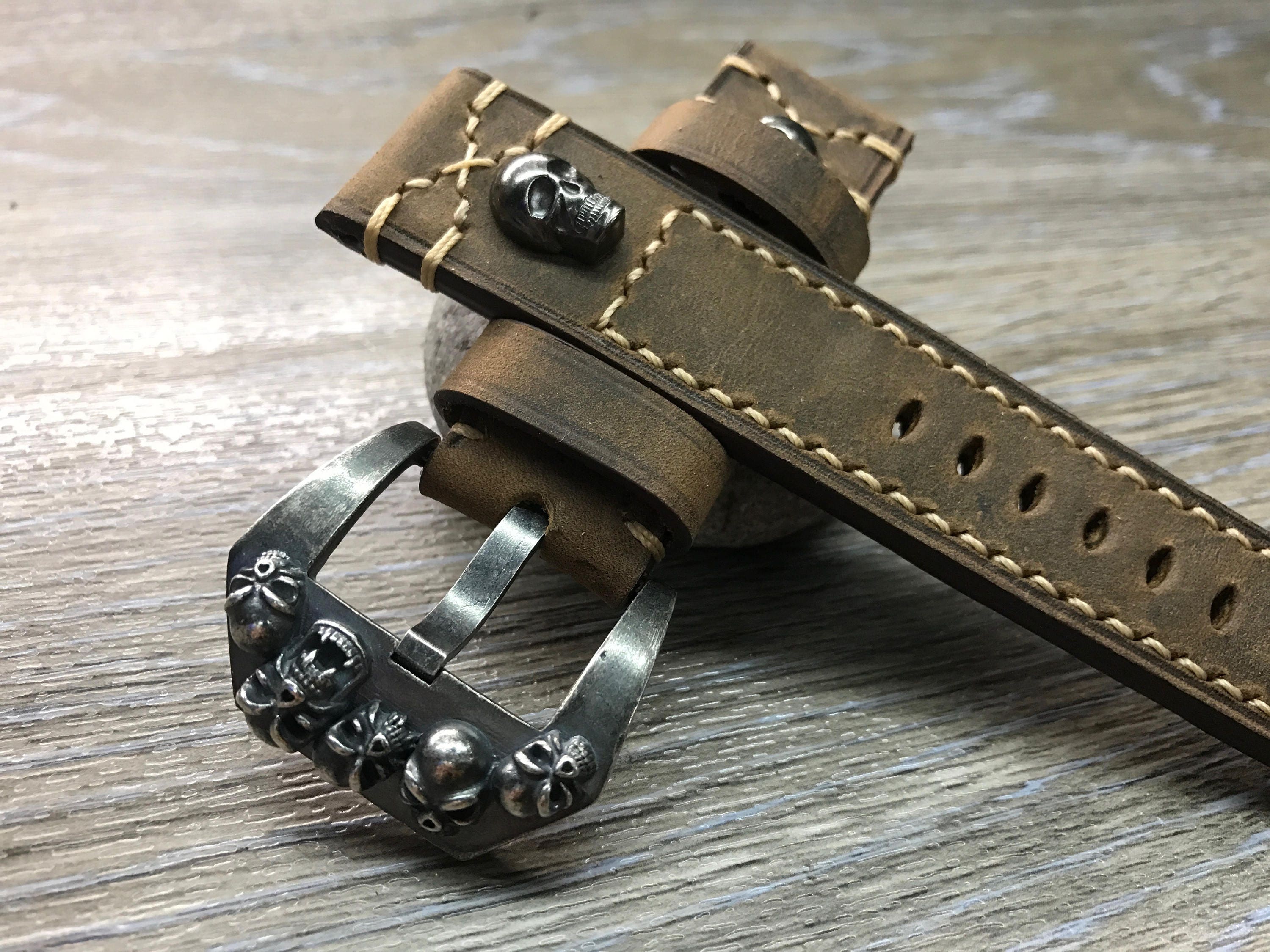 Leather Watch Band 24mm Watch Band Skull Brown Watch Band