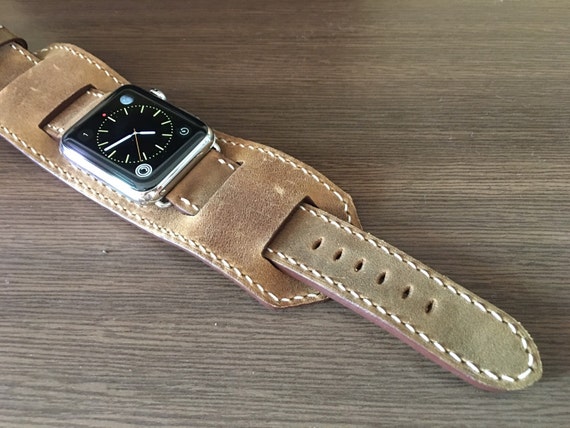 Apple Watch Cuff Band, Series 7 Apple Watch Band 45mm, Beige Genuine Leather Watch Straps for iWatch Series 6 44mm, Smart Watch Accessories