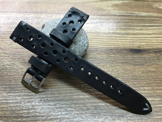 Leather watch strap, Leather watch band, Racing watch Strap, Black watch band, Rally Watch band, 20mm strap, 19mm watch band, FREE SHIPPING