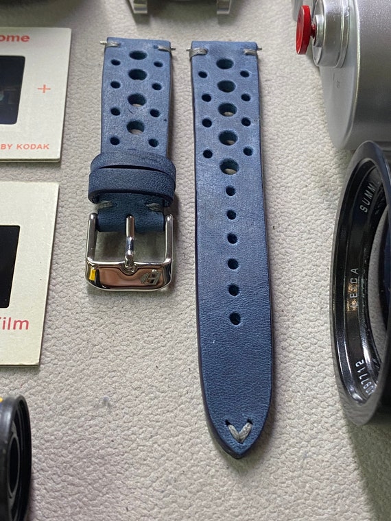 Rally Watch strap, Leather watch band, Blue watch band, Racing watch band, 20mm strap, 20mm watch band, 19mm watch strap, Vintage Grey