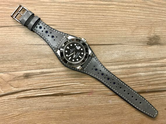 Leather watch Band, Full bund strap, 20mm strap, leather watch strap, Gray watch band, Brogue Pattern, 20mm watch band, FREE SHIPPING