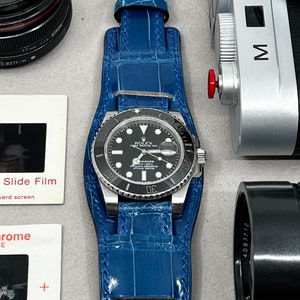 Leather Watch Straps in Alligator Skin, Leather Watch Band 22mm 20mm 19mm, Blue Leather bund Straps, Round Shape Cuff Strap, WristWatch band