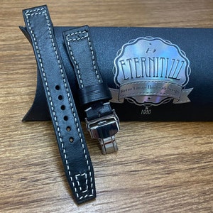 Pilot Watch Strap 22mm, Pilot Band, Black Leather Watch Strap 20mm, Deployant Clasp Buckle, Leather Watch Band, Birthday Gift for Husband