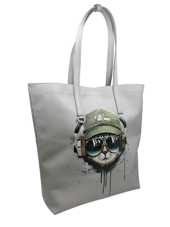 Genuine Leather Tote Bag with Cat Design, Cat Tote Bag for Women, Funny Cat Gifts for Cat Lovers, Cat Themed Gifts, Funny Tote Bag Women