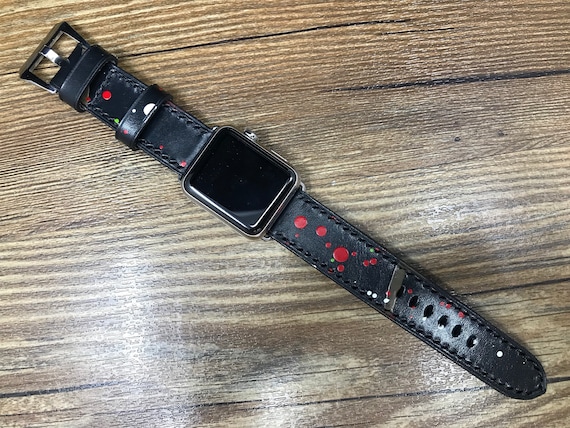 Abstract Art Apple Watch Bands 45mm 41mm 44mm 40mm, Smartwatch Band, Black Genuine Leather iWatch Watch Strap, Valentines Day Gift Ideas