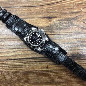 Leather Watch Straps in Alligator Skin, Leather Watch Strap 20mm, Black Leather bund Straps, Round Shape Cuff Strap, Personalise Watch Band