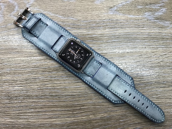 Apple Watch Band, iWatch Strap 46mm, Apple Watch Ultra 2, Smartwatch Series 10, Blue Leathers Fog Waxed Cuff Band, Handmade Soft and Durable