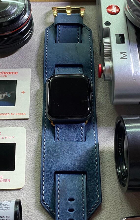 Waterproof Blue Leather Watch Band, Apple Watch Series 6 Cuff Band, Smart Watch Band for Apple Watch Series 7 45mm, Apple Watch Strap 44mm