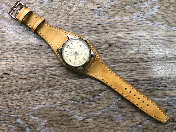 Leather Watch Band, Full bund strap, Leather cuff strap, Cuff Band, Vintage Beige Leather watch Strap, 20mm watch band, FREE SHIPPING