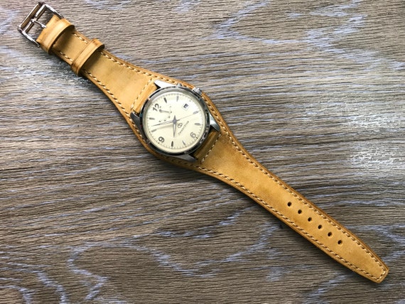 Leather Watch Band, Full bund strap, Leather cuff strap, Cuff Band, Vintage Beige Leather watch Strap, 20mm watch band, FREE SHIPPING