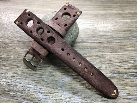 Leather watch strap, Distress brown red watch band, Leather Watch Band, Rally Watch strap, Racing watch band, 20mm strap, FREE SHIPPING