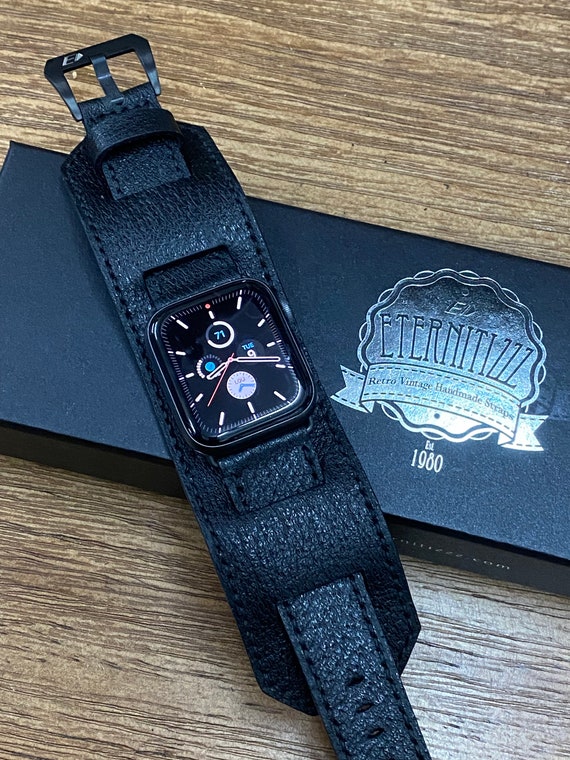 Apple Watch Band, Apple Watch 45mm Black Genuine Leather Cuff watch Band for Apple Watch, Apple Watch 44mm, iWatch Series 7 Watch Straps