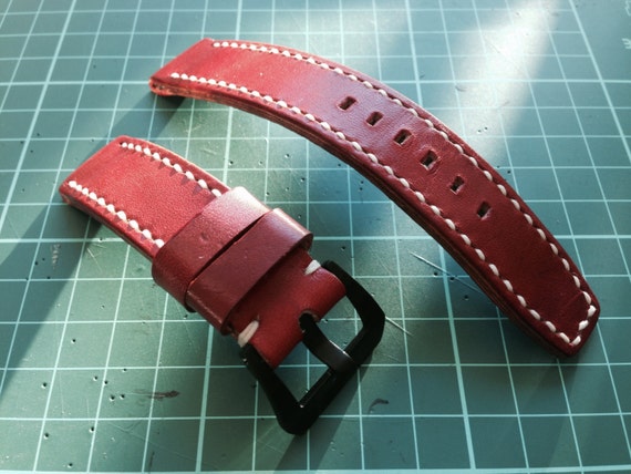 Handmade genuine Leather  Strap, Red Orange leather watch band, Cream white stitching and Black 20mm buckle watch strap for 20mm lug