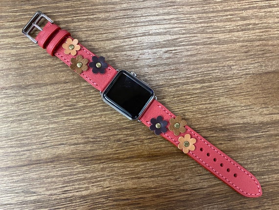 iWatch Band 41mm Series 7, Apple Watch Band with Flower Decoration, Rose Shocking Chevre Leather, Personalise Apple Watch Band, Gift Ideas