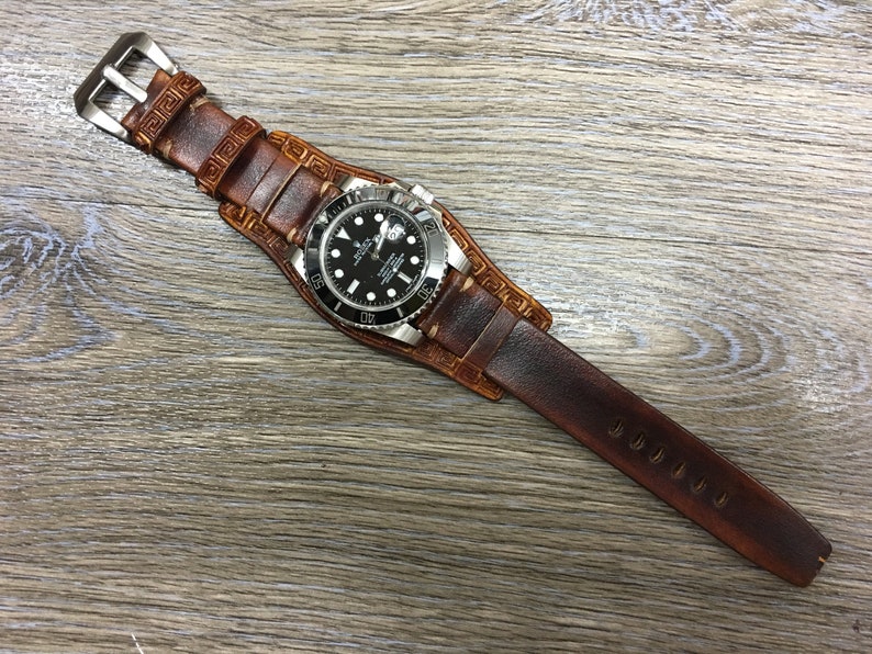 Watch Strap 20mm 19mm 18mm 22mm, Brown Leather Watch Strap Band, Cuff Watch Band, Full Bund straps, Handmade Leather Craving Watch Strap image 1