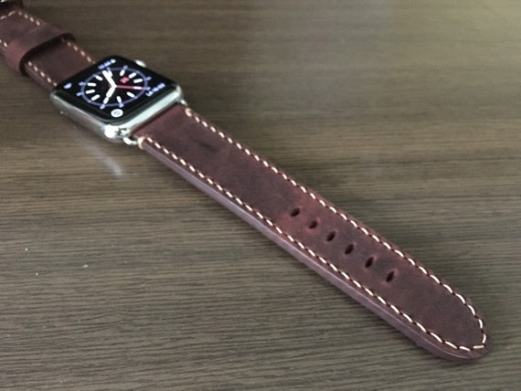 Apple Watch Band, Apple Watch Series 7, Crazy Horse Full Grain Leather in Brandy Red Watch Strap for iWatch, Smartwatch 45mm, Series 6 41mm