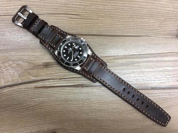 Leather Watch Band, Leather watch strap, Cuff band, Full bund strap, 20mm watch band, 19mm strap, Dark Brown watch strap, FREE SHIPPING