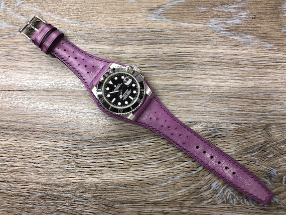 Purple Vintage Leather Full Bund Strap, 19mm cuff Mens Wrist Watchband, Brogue Pattern Leather Watch Strap, 20mm Personalise Watch Strap