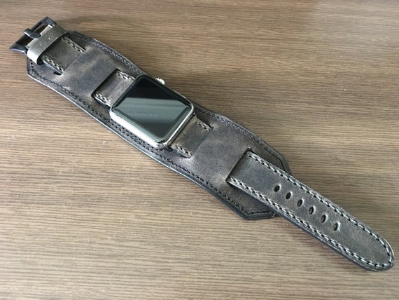 Apple Watch Band - Dark Grey Distress Leather Apple Watch Ultra 49mm 46mm 45mm 42mm 41mm 38mm, Cuff watchband, iWatch Smartwatch Band