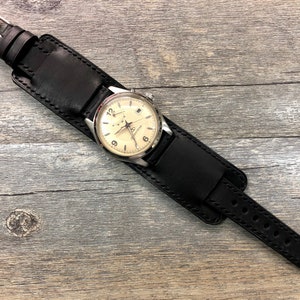 Black Leather Watch Straps, Leather Watch Bands, 20mm Mens Wrist Watch Bands Replacement, Full Bund Strap, cuff watch band, Gifts for him