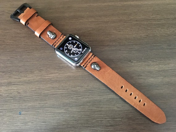 Apple Watch Series 7, Leather Watch Band with Sterling Silver 925 Skull Stud, Apple Watch Band 45mm, 41mm, Handmade iWatch Band Gift Ideas