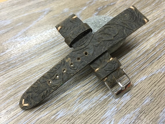 Leather Watch Straps 20mm, 19mm Leather Art Flower Pattern Watch Band, Dark Brown Wrist Watch Band, Vintage Outfit Accessories, Gift Ideas