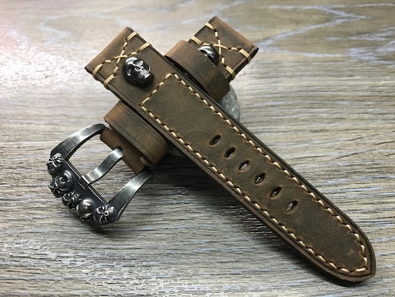 Leather Watch Band, 24mm watch band, Skull, Brown watch band, leather watch strap, Beige stitching, Easter Gift, FREE SHIPPING