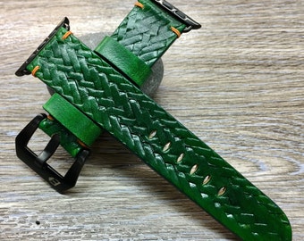 Personalise Green Leather Apple Watch Band, Leather Craving Watch Straps for Apple Watch Stainless Steel Series 6, 40mm 44mm, iWatch Band