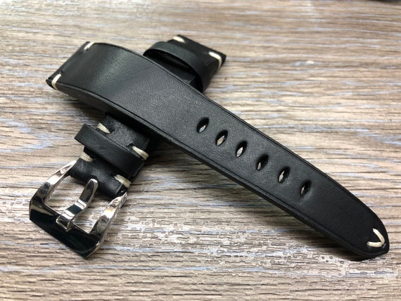 Black Leather Watch Strap, Leather watch strap 22mm, Watch band 22mm, genuine leather watch Strap with White Stitching, Valentines Days Gift