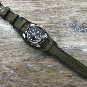 Leather Watch Band, Leather watch strap, Cuff band, Full bund strap, 20mm watch band, 19mm strap, Army Green, watch band, FREE SHIPPING