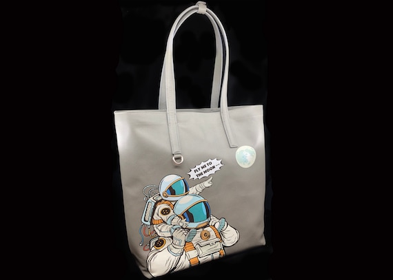 Leather Tote Bag, Tote Bags, Handbag, Astronaut Art Personalised gifts, Handmade Shoulder Bag, Crossbody bag, Gift for her