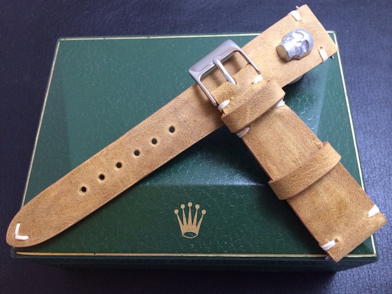 20mm watch band, handmade khaki, beige color vintage Leather Strap, silver Skull metal pin for , IWC - 18mm/19mm/20mm lug width