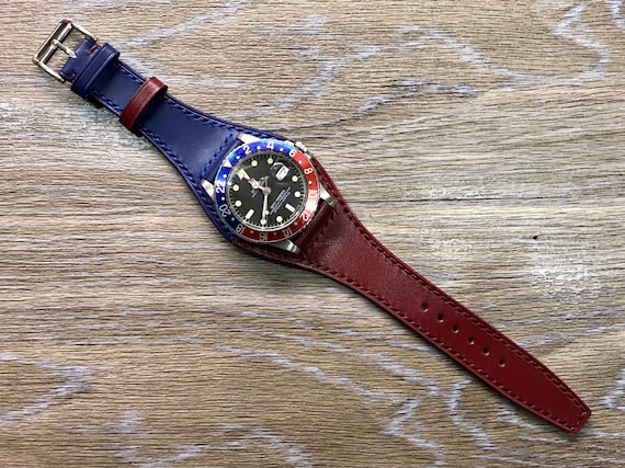 Leather Watch strap, leather watch band 20mm, leather bund strap, 20mm watch strap, Blue & Red watch Strap replacement, FREE SHIPPING