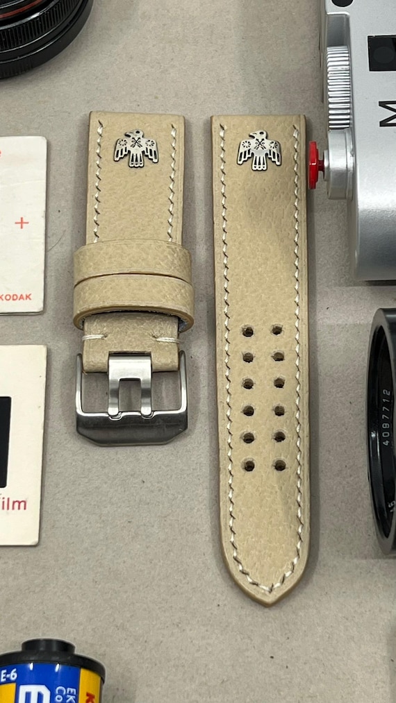 Watch Strap 24mm Genuine Leather, Mens Bracelet de montre en cuir, Beige Watch Band, Sterling silver Indian Eagle, Uhrenarmband aus Leder