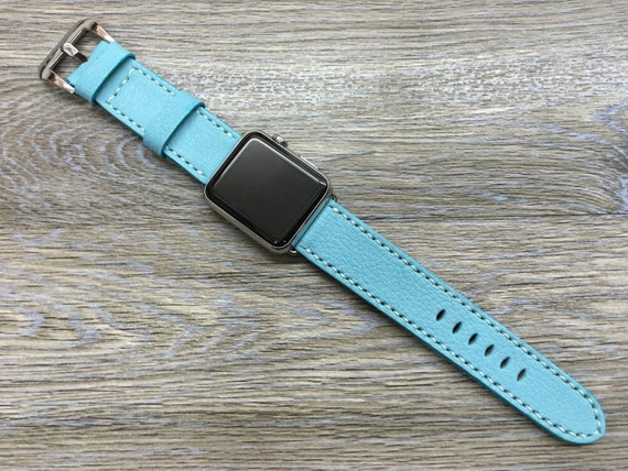 Valentines Day Gift Ideas, Apple Watch 45mm, Casual Wear Wrist Watch Band, Smartwatch Series 7, Pale Blue Leather Apple Watch Strap 49mm