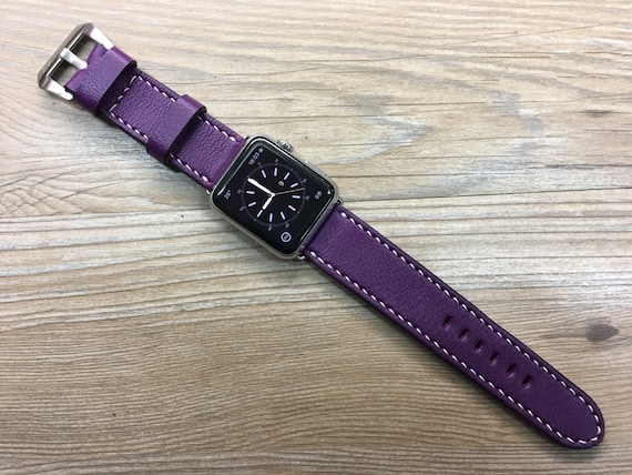 Handmade Apple Watch Band 44mm, Purple Anemone Clemence Leather, Apple iWatch Band 45mm, 41mm, Series 7 6, Smartwatch Leather Watch Strap