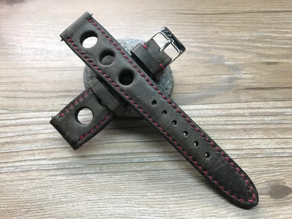 Leather watch band, Handmade Leather watch strap, Dark Brown, Rally Watch band, Racing watch band for  - 19/20mm, Free Shipping