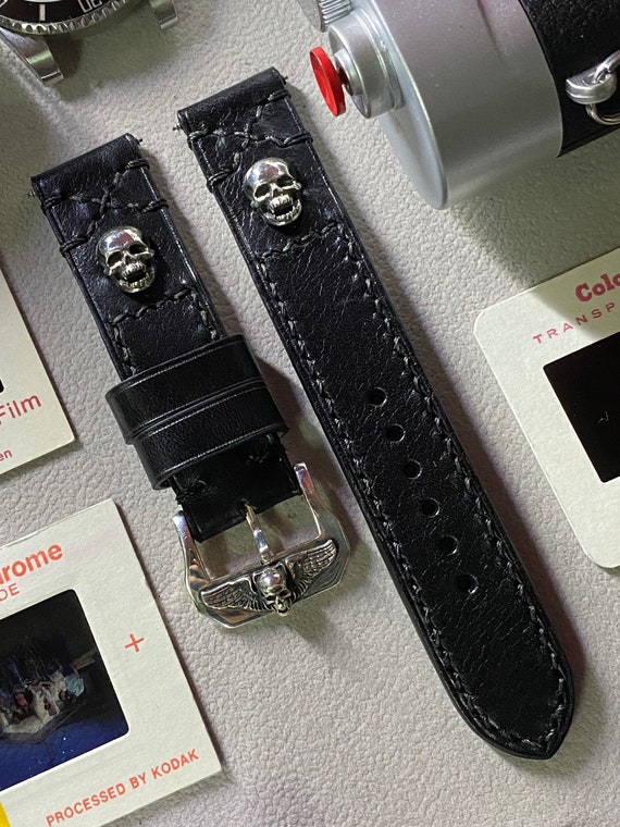 Black leather watch Straps 20mm, Sterling Silver 925 Skull, Buckle Watch Band, 22mm Wrist Watch Straps in Black Stitching, Men gift ideas