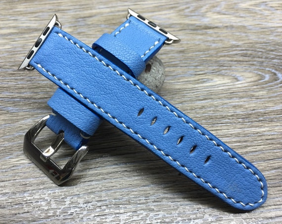 Apple Watch Straps Mykonos Blue Leather for Series 7 45mm, Apple Watch Band 41mm, iWatch Band 40mm 44mm, Valentines Day Gift Ideas for him