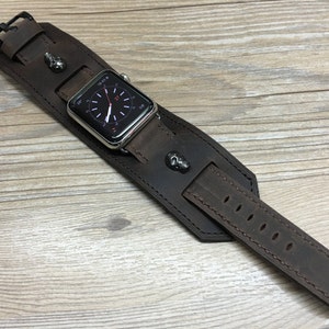 Apple Watch Series 7 Watch Band, Apple Watch Band 45mm, 41mm, Brown Genuine Leather Watch Strap with Sterling Silver 925 Skull Accessories