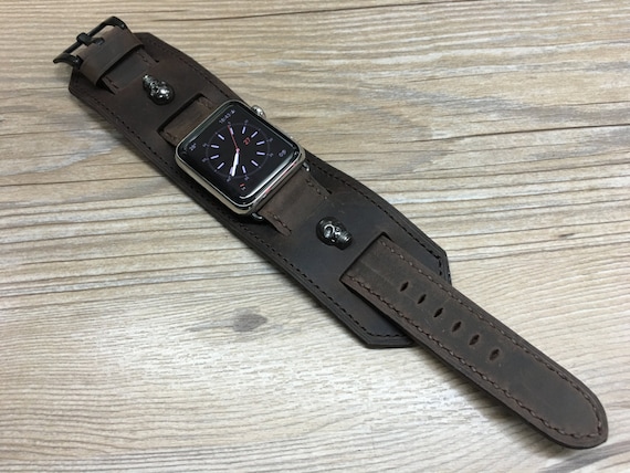 Apple Watch Series 7 Watch Band, Apple Watch Band 45mm, 41mm, Brown Genuine Leather Watch Strap with Sterling Silver 925 Skull Accessories