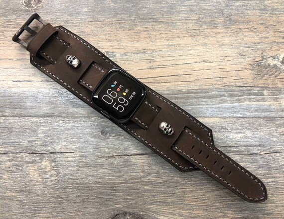 Fitbit Versa 2 band, Versa, Lite, Fitbit Versa 2 Watch Band, Full Bund Strap, Leather Cuff Band, Leather Watch Band, Brown, Skull