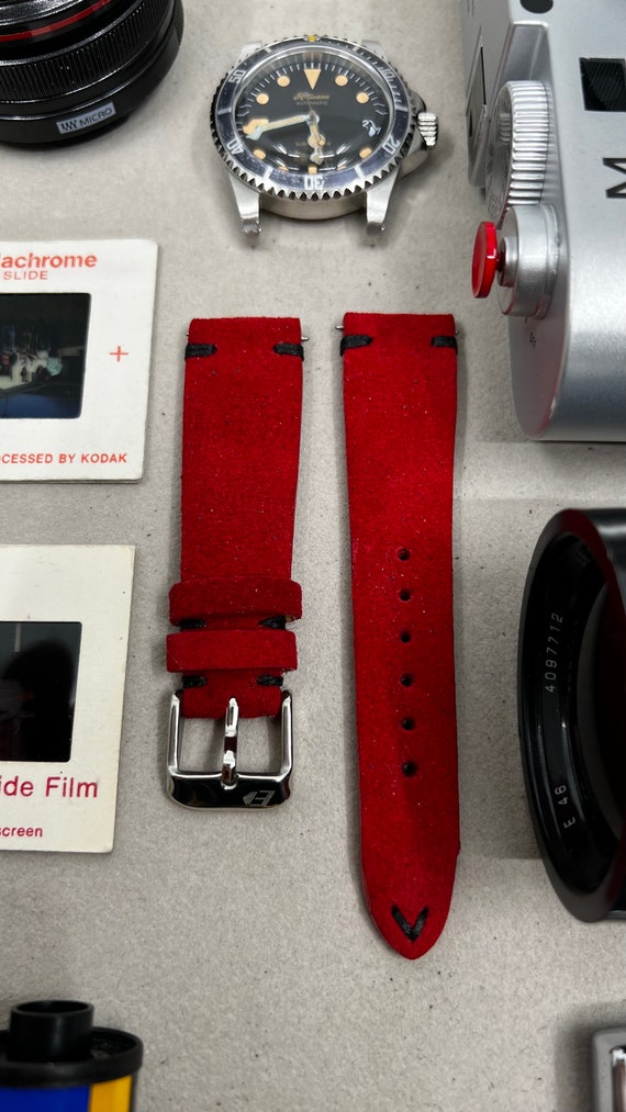Red Suede Leather Watch Strap Band Handmade - Leather Watch Band, size 20mm, Made to Order, Valentines Day Gift, Bespoke Watch Straps