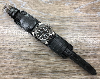 Leather Watch Straps in Alligator Skin, Leather Watch Strap 20mm, Black Leather bund Straps, Leather Cuff Strap, Personalise Mens Watch Band