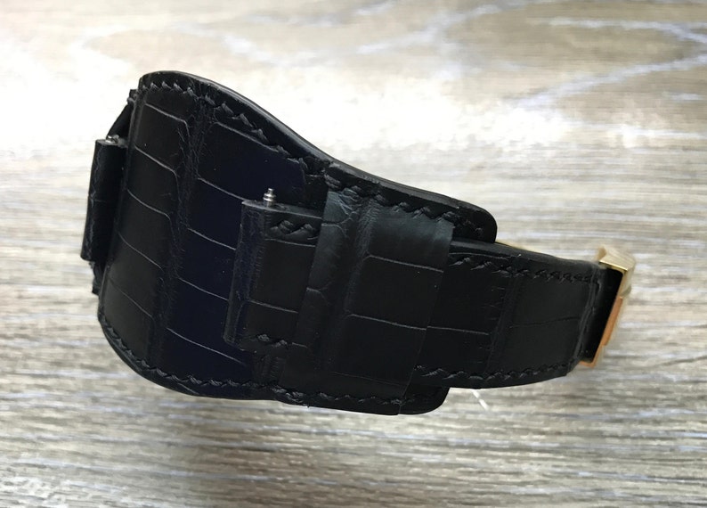 Full Bund Strap Black Leather Watch Band Gold Deployment - Etsy