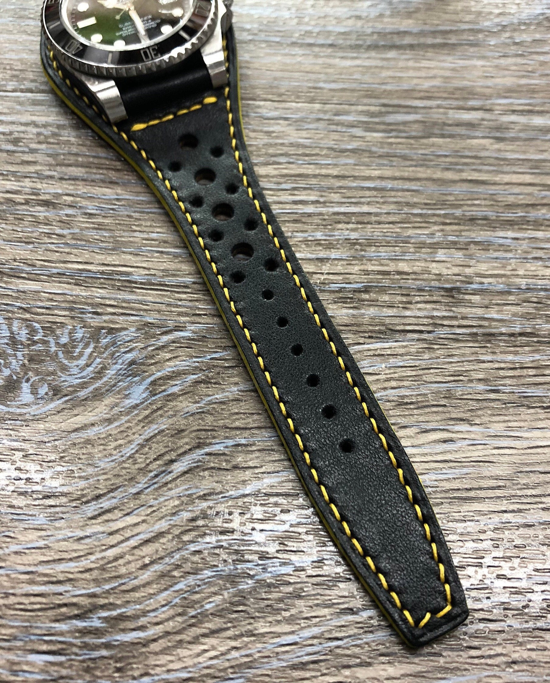 Black leather watch strap yellow stitching sale