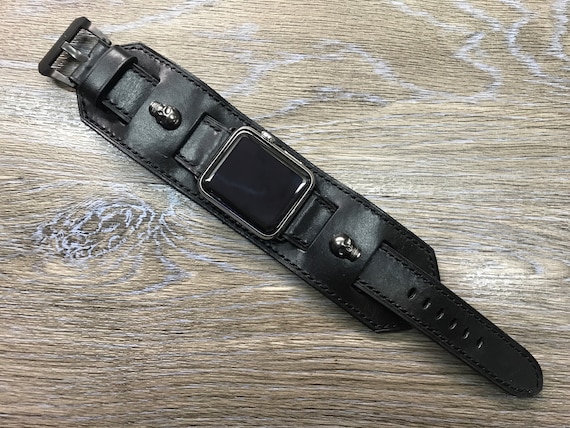 Apple Watch Band, Black leather Apple Watch Strap, Apple Watch Cuff Band, Sterling Silver 925 Skull, Apple Watch Ultra 49mm 45mm 44mm 41mm